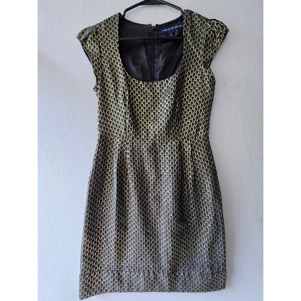 French Connection Gold‎ Black Metallic Jacquard Cap Sleeve Cocktail Dress 6